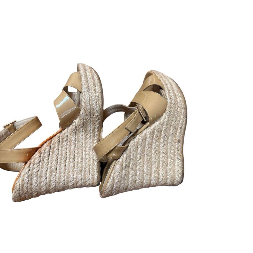 Jimmy Choo Sz 38 Beige Patent Leather Ankle Strap Wedges Strappy - Picture 4 of 14